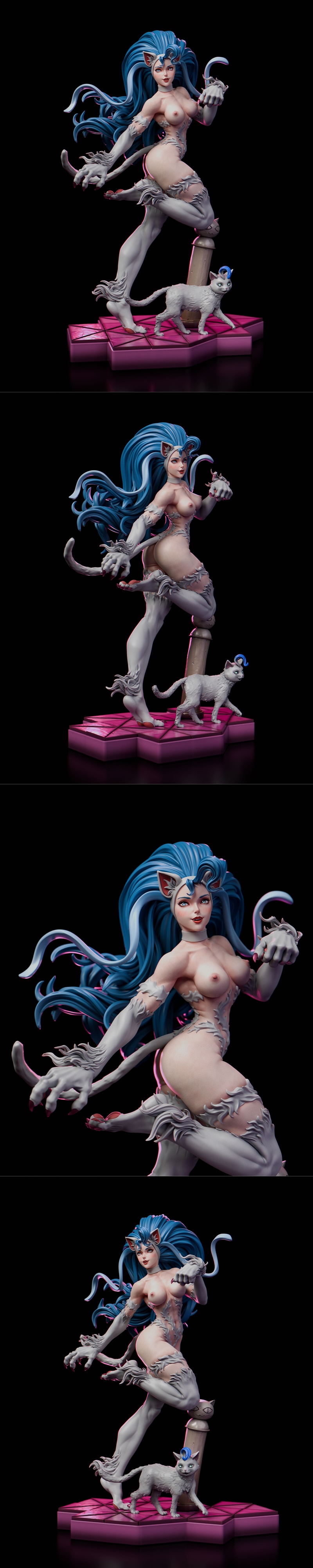 3D print model of Felicia from Darkstalkers, a blue-haired catgirl in a dynamic pose, wearing revealing fur-like attire.