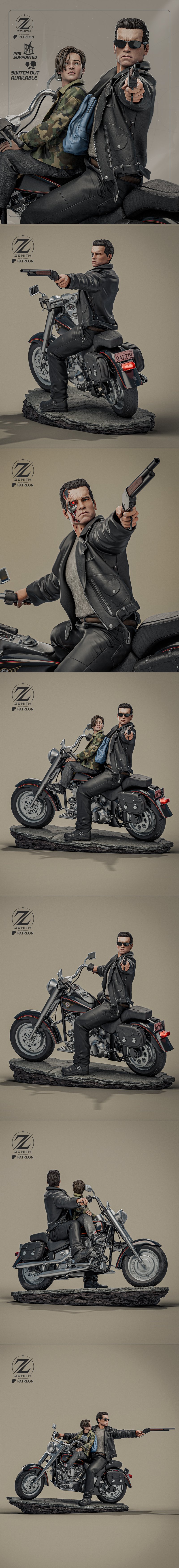 3D model of T-800 Terminator with handgun and John Connor on a motorcycle, set against a burning cityscape.