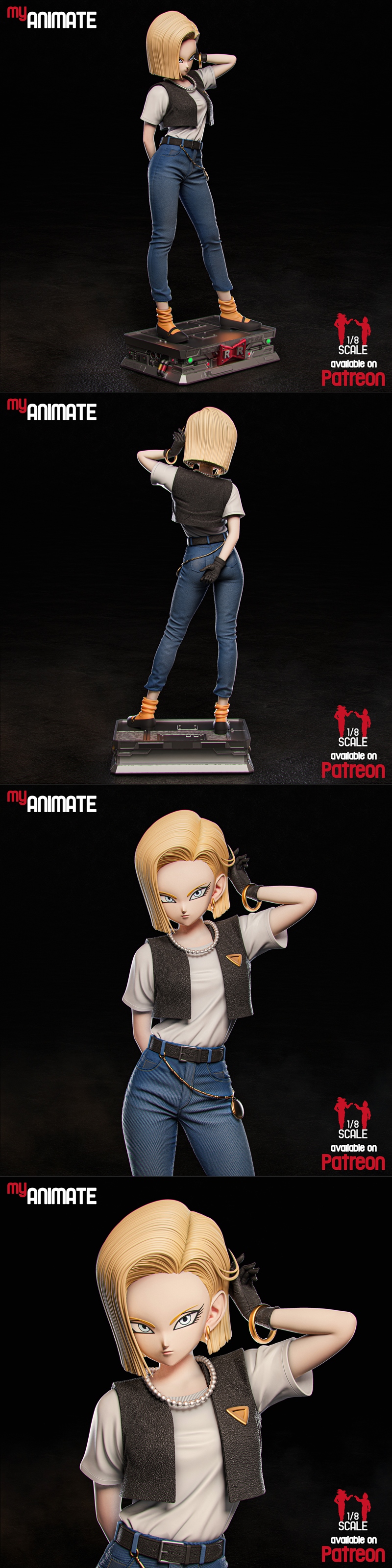 MyAnimate 3D model of Androide 18 from Dragon Ball, standing confidently in jeans and a vest on a detailed base. Blon...