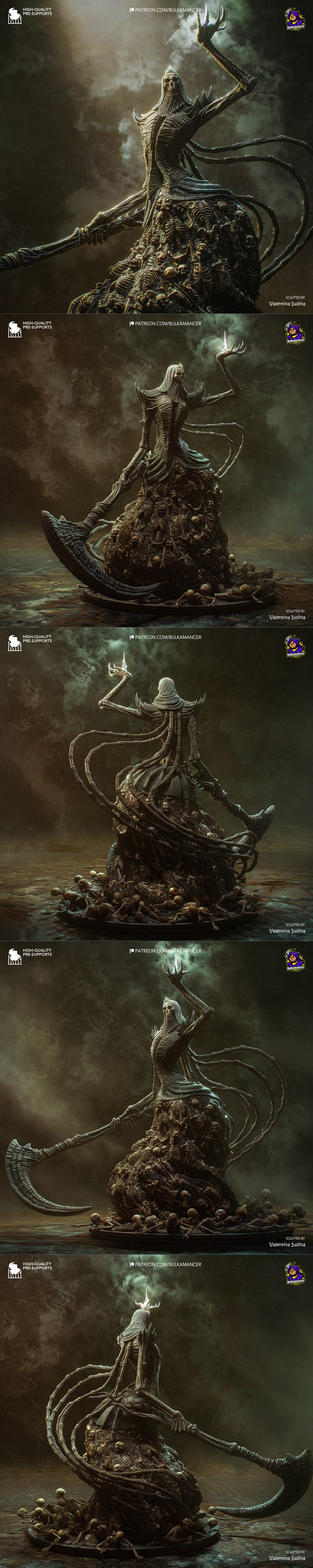 Nashandra figure from Dark Souls, holding a large scythe, with a robe made of skeletons and a base covered in bones....