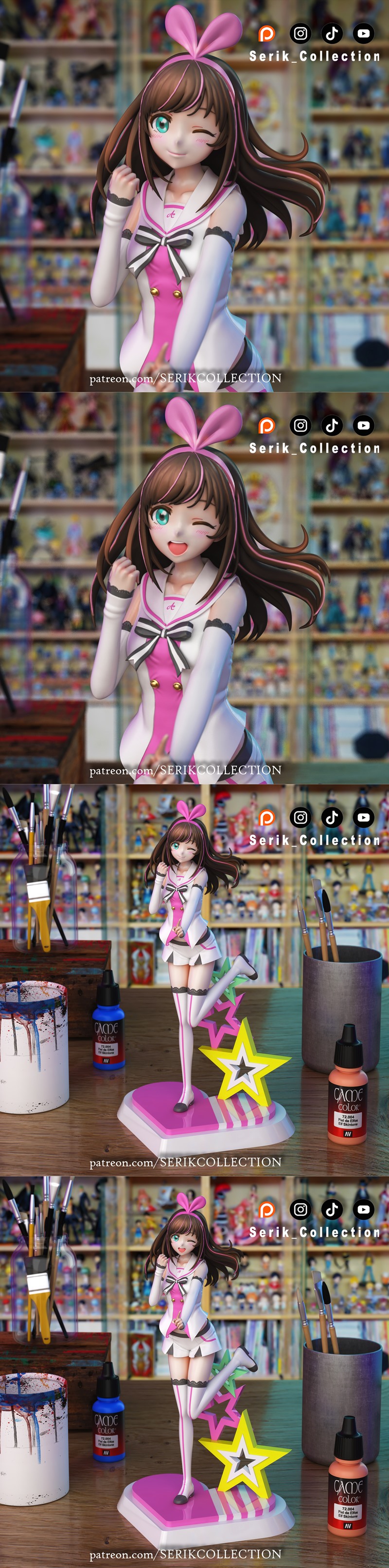 Kizuna AI 3D model figure by Serik Collection, winking and striking a pose in her pink and white outfit with bunny ears.