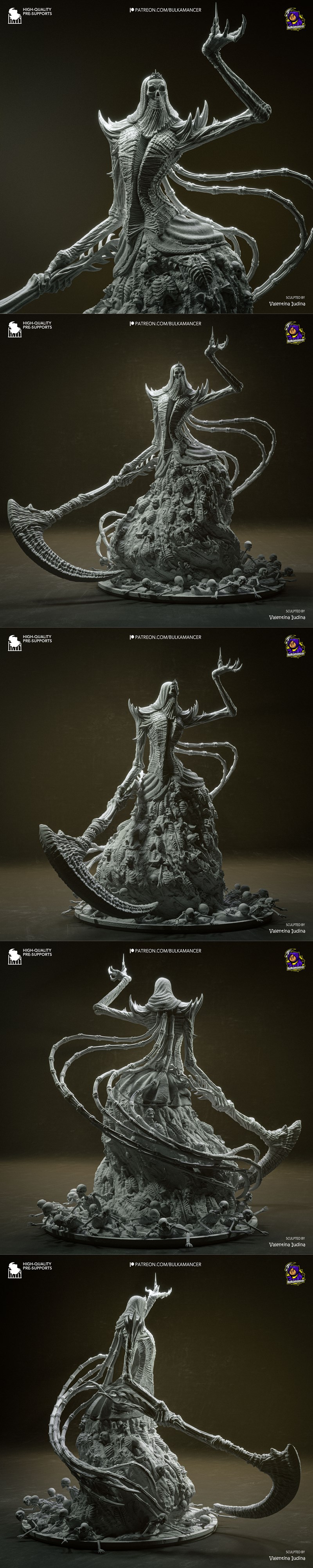 Nashandra figure from Dark Souls, holding a large scythe, with a robe made of skeletons and a base covered in bones....