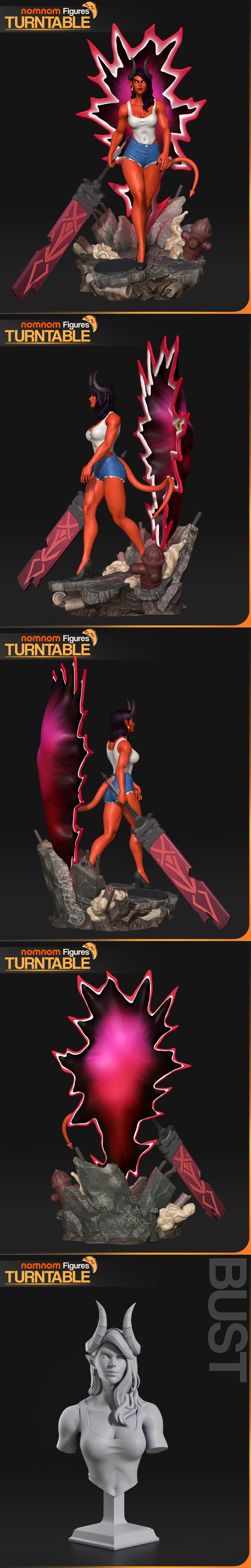 Muscular red-skinned demon woman with horns and tail, wearing a white tank top and denim shorts, holding a large axe....