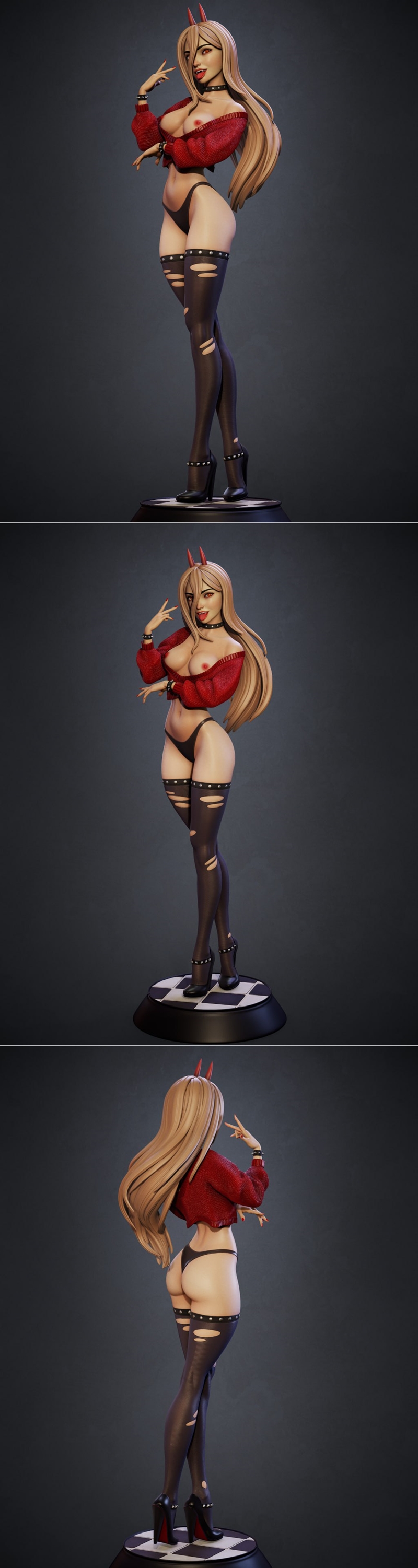 3D model of Power from Chainsaw Man, wearing a red off-shoulder sweater, black lingerie, and thigh-highs. She has blo...