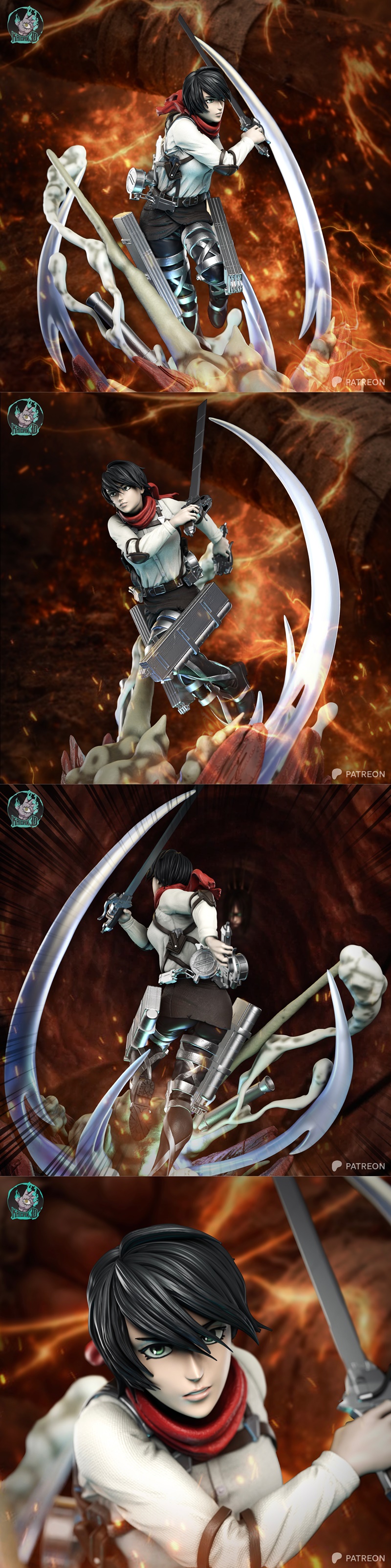 Mikasa Ackerman 3D model in Survey Corps uniform, holding swords, intense expression, anime style.