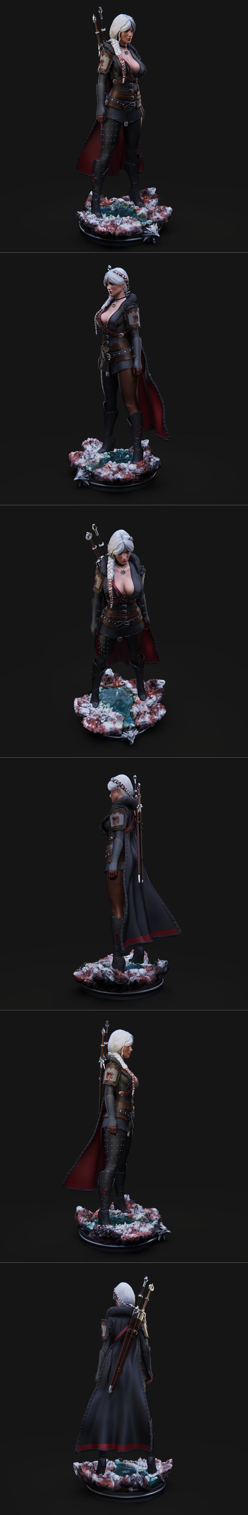 Ciri 3D model from The Witcher, standing on a rocky base, wearing a dark outfit with a cape and sword on her back. Wh...
