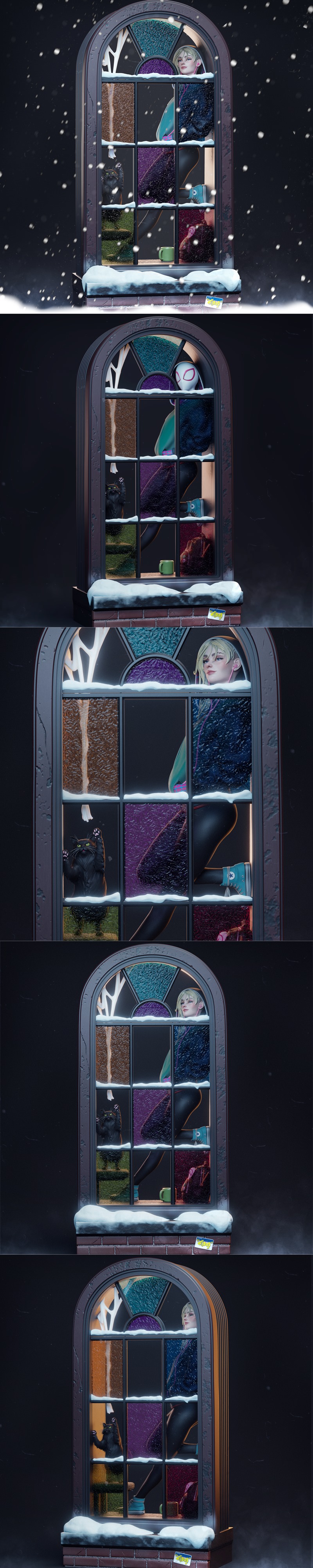 Spider-Gwen looking out a snow-covered stained-glass window, with a black cat on the sill. CA 3D Studios 3D model.
