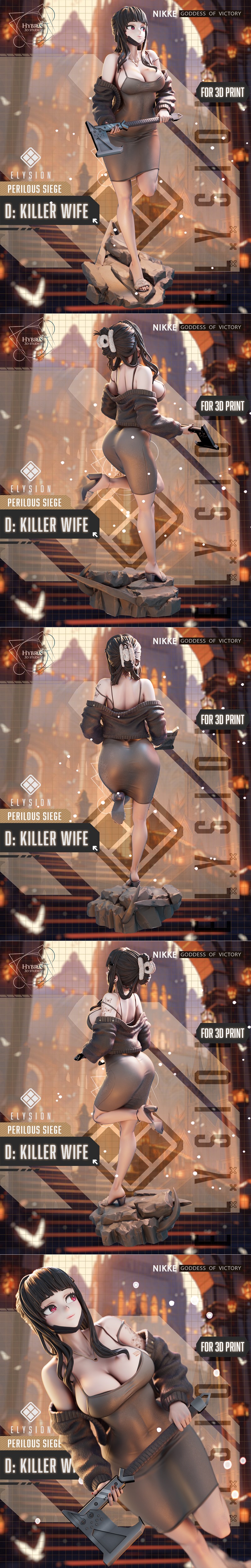 D: Killer Wife character figure from Nikke Goddess of Victory, holding an axe, wearing a tight dress and detached sle...