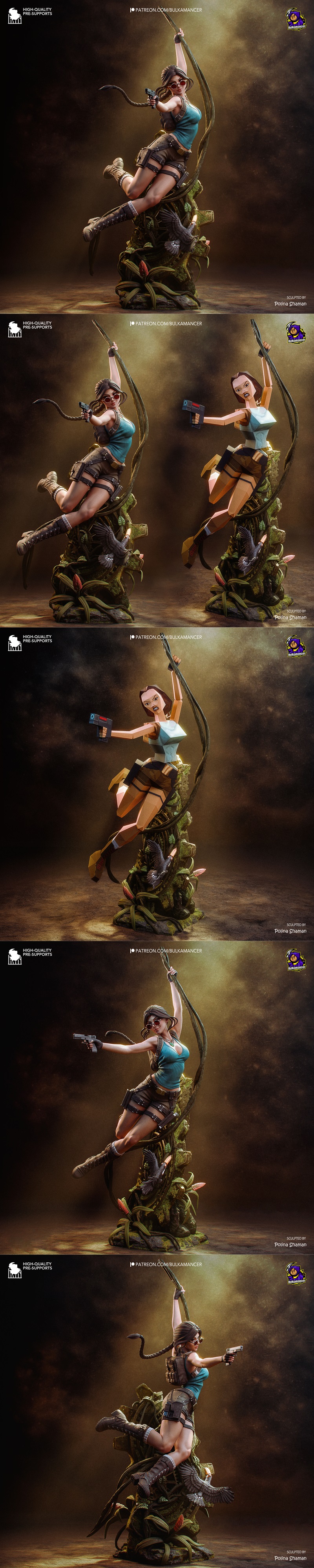 Lara Croft figure swinging on a vine, holding a pistol, wearing round sunglasses and adventurer outfit, jungle backgr...