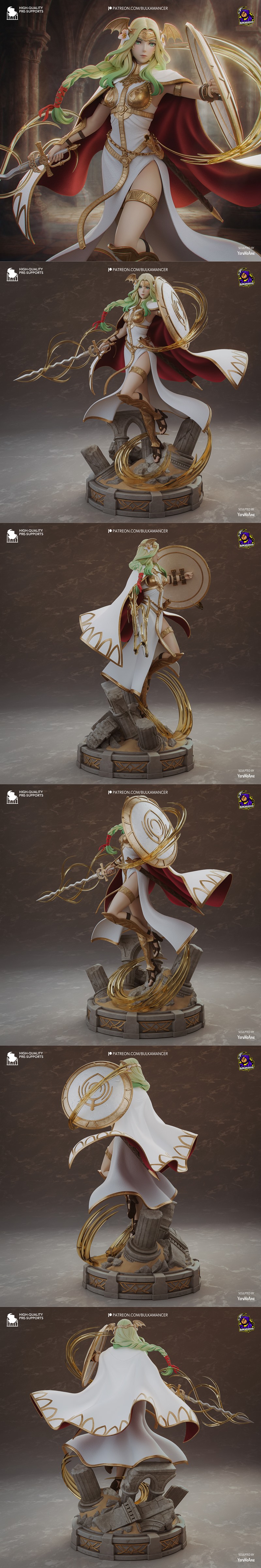 Saint Seiros 3D model figure from Fire Emblem, holding a sword and shield, wearing white and gold armor with a red ca...