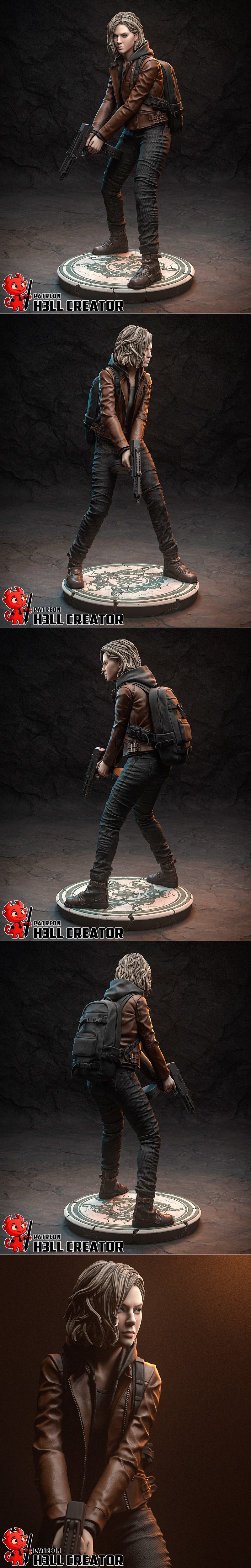 Grace Ashcroft 3D model: woman in brown leather jacket, grey hoodie, dark pants, holding a submachine gun, wearing a...