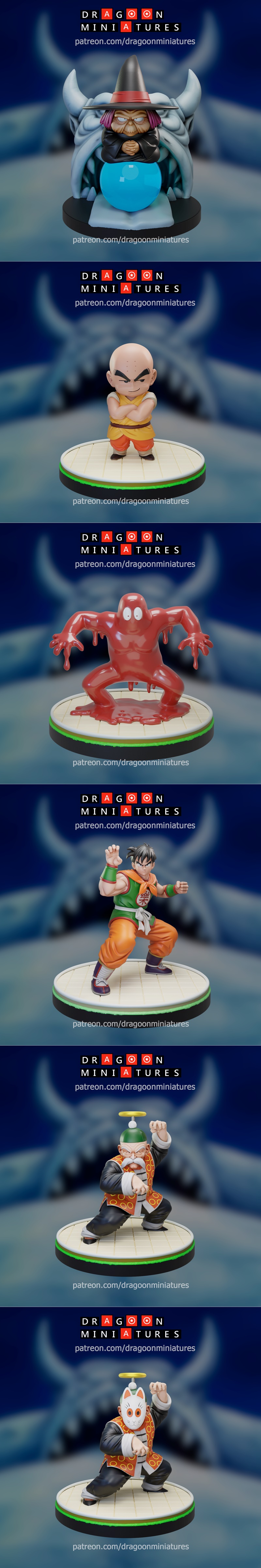 Collection of Dragon Ball anime 3D miniatures: Krillin, Goku, Yamcha, Uranai Baba, demon, mummy, red creature, pink m...