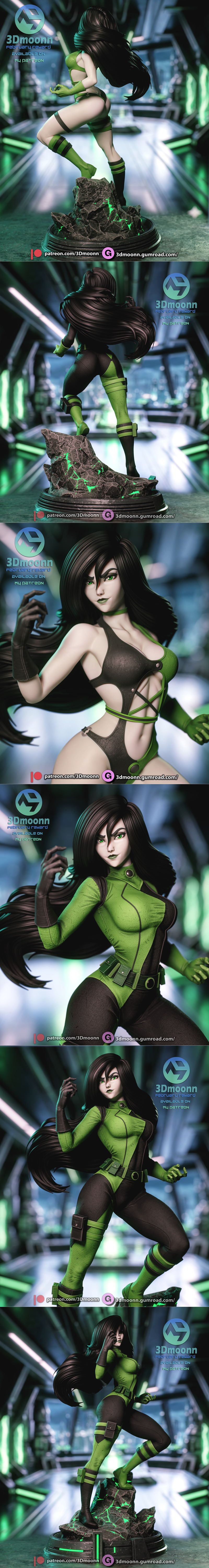3D printable figure of Shego from Kim Possible, wearing a green and black suit, posed dynamically on a glowing green...
