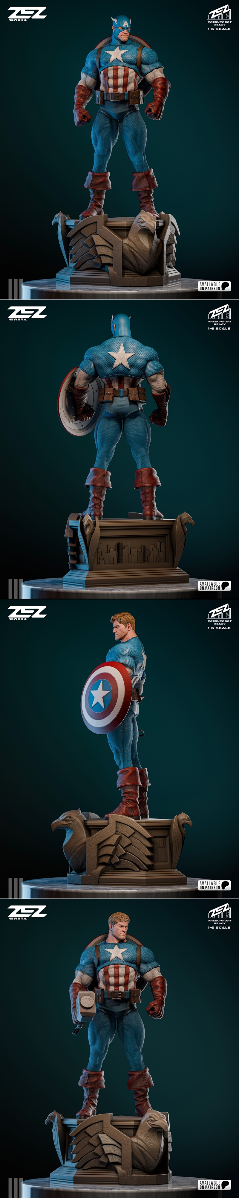 ZEZ Studio 1:6 scale 3D print model of Captain America holding his shield, standing on an ornate eagle-themed base.