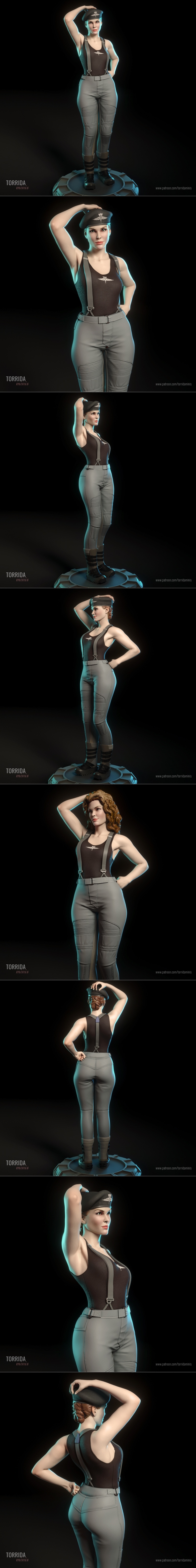 Dizzy Flores 3D model figure by Torrida Minis, wearing a black beret, tank top with suspenders, and tactical pants, s...