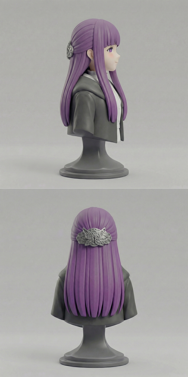 3D printable bust of Fern from Frieren: Beyond Journey's End, featuring purple hair, a white shirt, and a dark cloak,...
