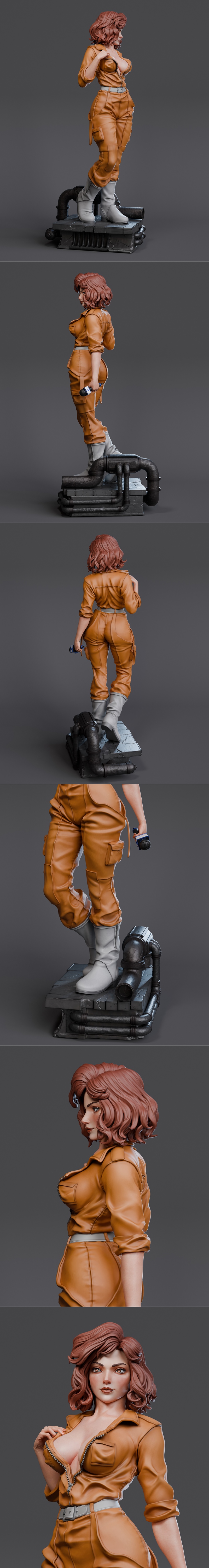 3D printable figure of April O’Neil in an unzipped orange jumpsuit, holding a microphone, with a seductive pose on an...