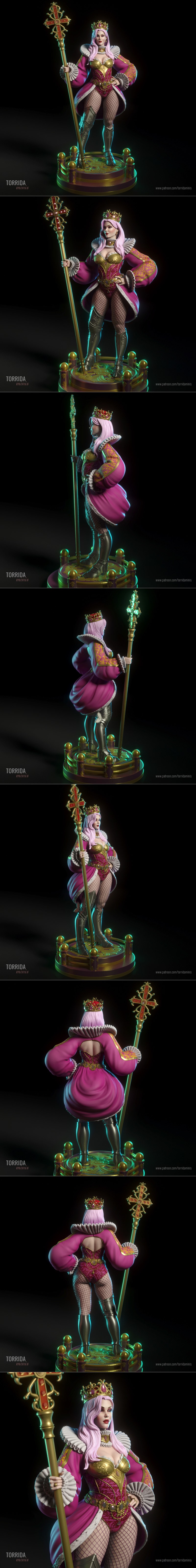 Queen Vanessa 3D model: regal female figure in gold bodice, pink leotard, fishnets, armor, crown, holding a staff.