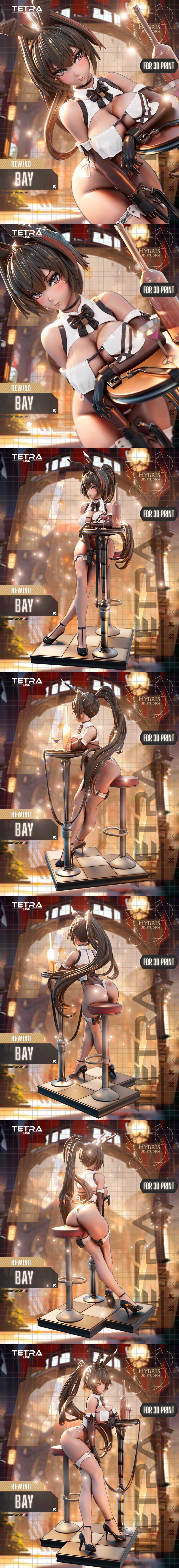 Hybris Studios 3D model of Bay from Nikke Goddess of Victory, wearing a bunny-girl outfit and leaning on a bar table...