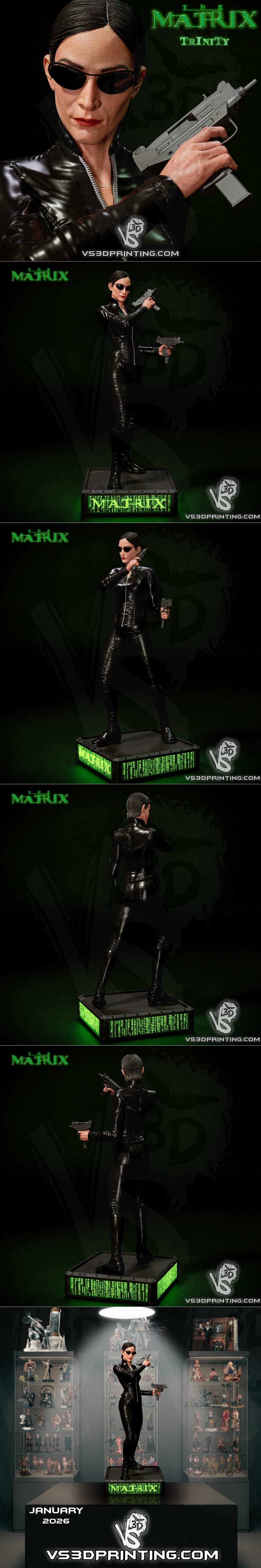 VS3D Trinity figure from The Matrix, wearing black leather, sunglasses, and holding two submachine guns.