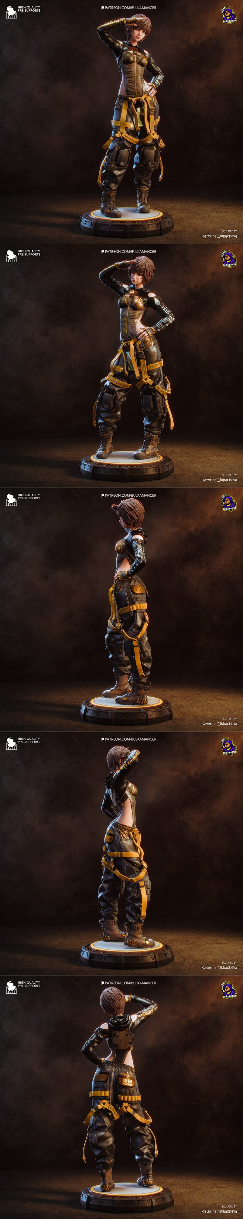 3D model of Lily from Stellar Blade, wearing a black and gold armored corset with a zipper, saluting pose.