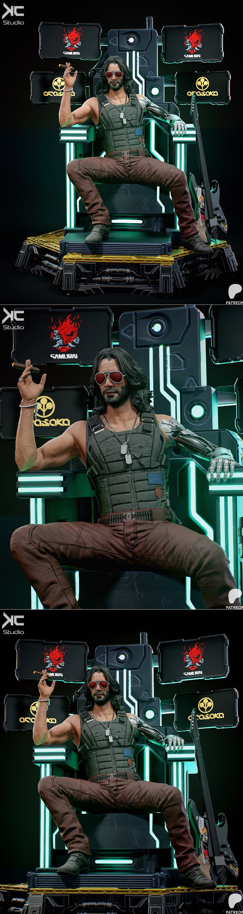 Johnny Silverhand figure from Cyberpunk 2077, seated on a throne with a cigar, prosthetic arm, and guitar. Studio KcS...