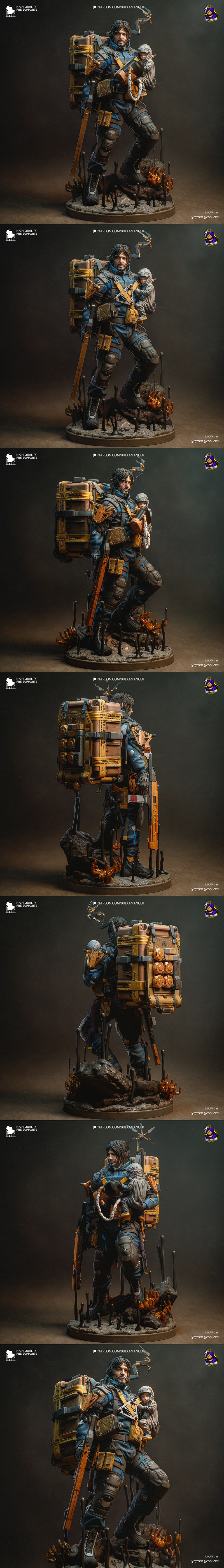 3D model of Sam Porter Bridges from Death Stranding 2, carrying a baby in a carrier, wearing futuristic blue and grey...