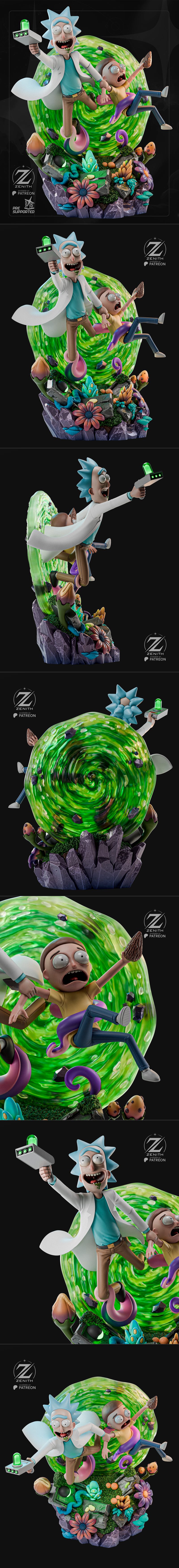 Rick Sanchez and Morty Smith leaping through a green portal, Rick holding a portal gun, Morty being pulled by a tenta...