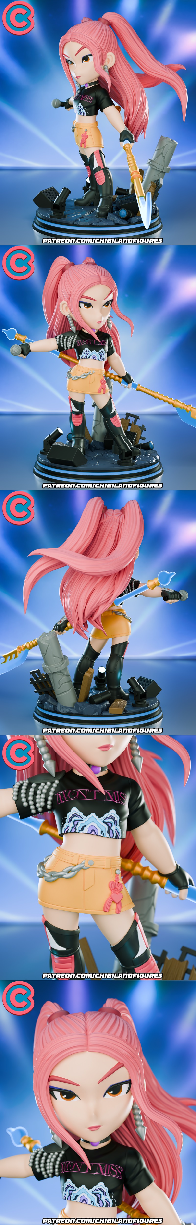 Chibi Mira figure with pink twin-tails, holding a microphone and an axe, wearing a crop top, short skirt, and boots,...
