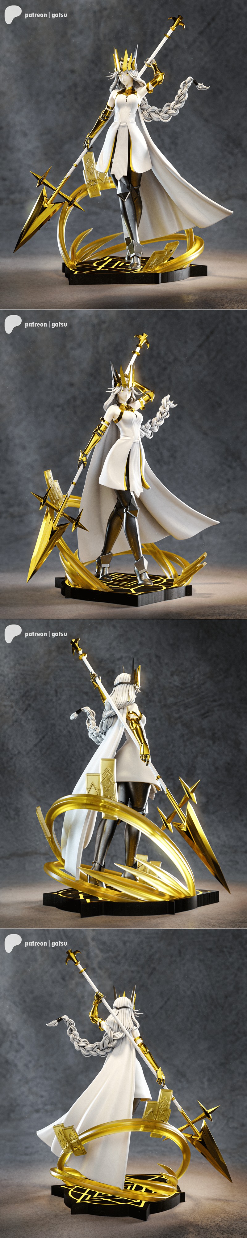 Heroic Empress 3D model figure by Gatsu Studios, wearing white and gold regal attire, crown, armor, and holding a gol...
