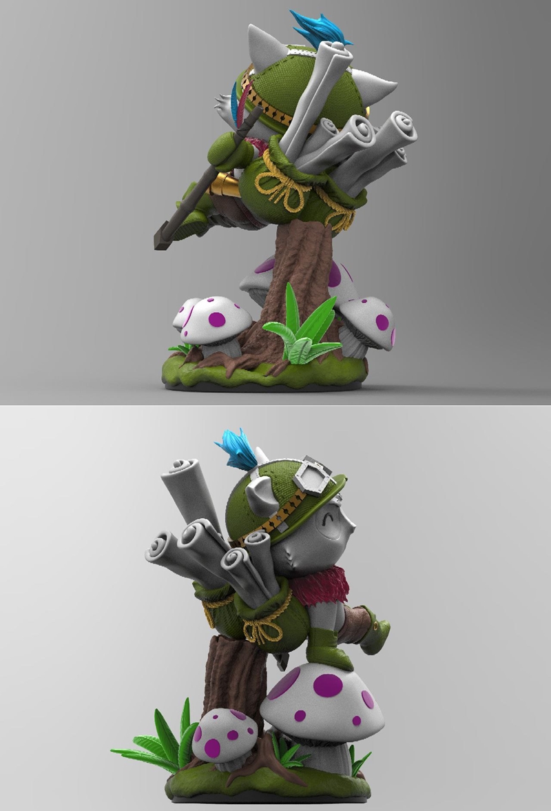 3D model of Teemo from League of Legends sitting on a tree stump with mushrooms, wearing scout attire and holding a r...
