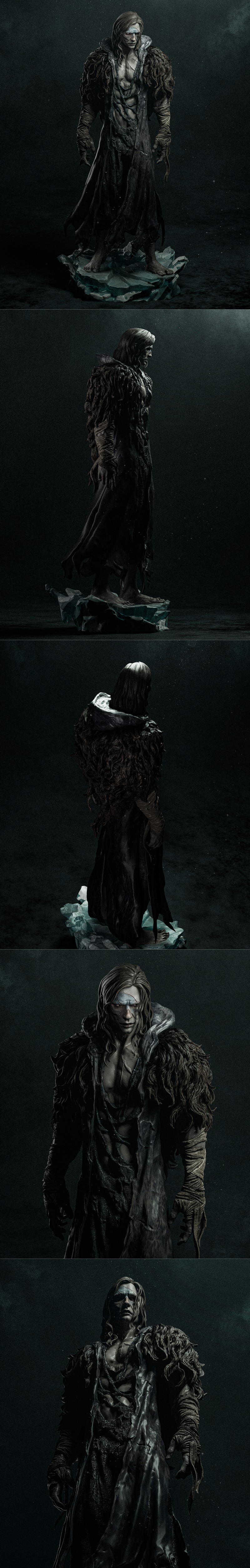 Frankenstein's monster figure by CA 3D Studios, standing barefoot on an icy rock base, wearing a tattered robe and fu...