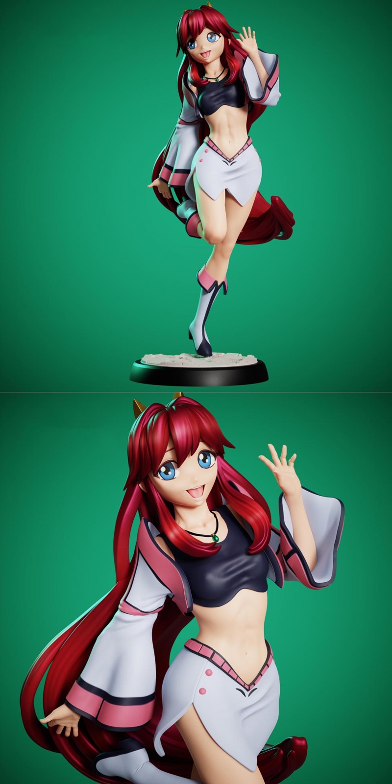 3D model of Dita Liebely, an anime character with long red hair, blue eyes, wearing a crop top and skirt, in a dynami...