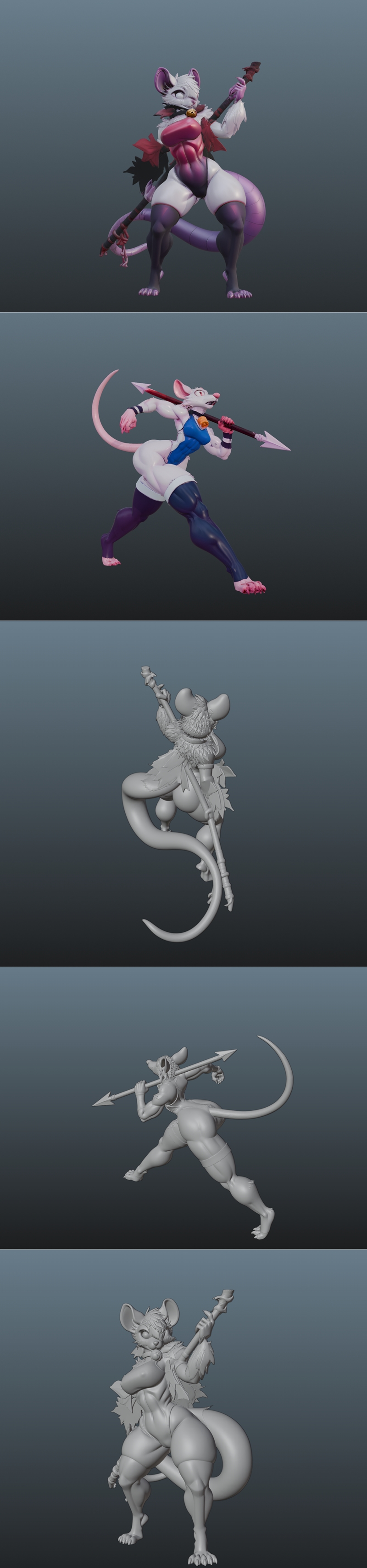 Two anthropomorphic characters, one mouse-like and one cat-like, in dynamic combat poses, each holding a weapon. Both...