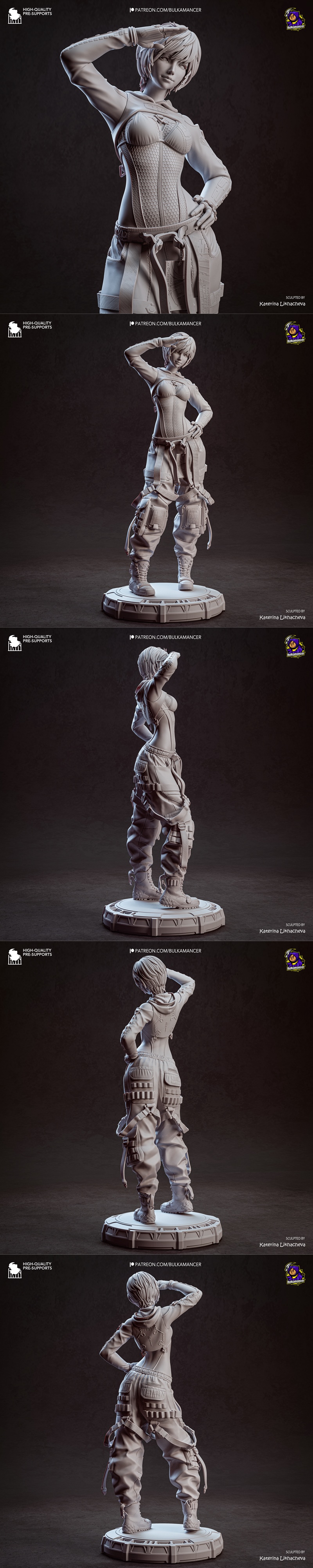 3D model of Lily from Stellar Blade, wearing a black and gold armored corset with a zipper, saluting pose.