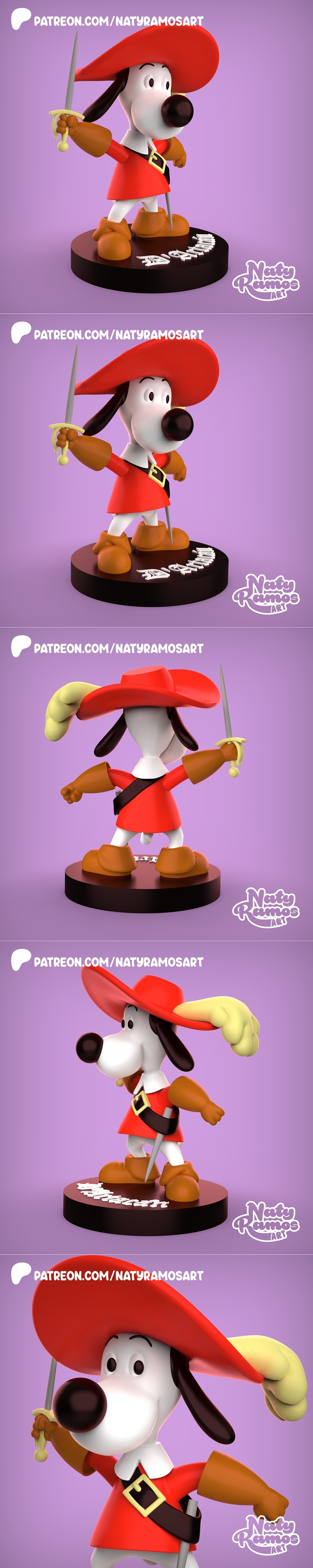 3D model figure of Dartacan, a white dog wearing a red musketeer outfit, a large red hat, and holding a sword. The fi...