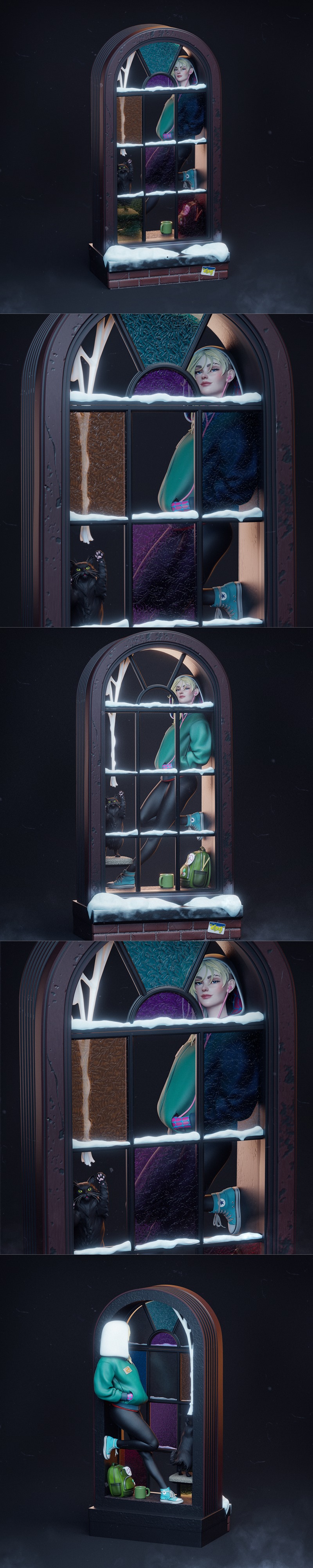 Spider-Gwen looking out a snow-covered stained-glass window, with a black cat on the sill. CA 3D Studios 3D model.