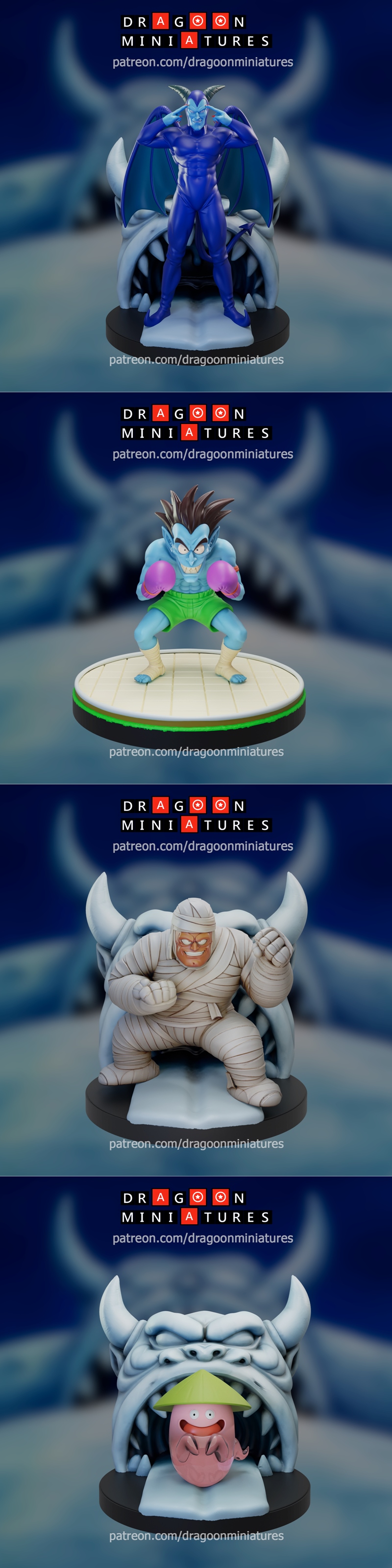 Collection of Dragon Ball anime 3D miniatures: Krillin, Goku, Yamcha, Uranai Baba, demon, mummy, red creature, pink m...