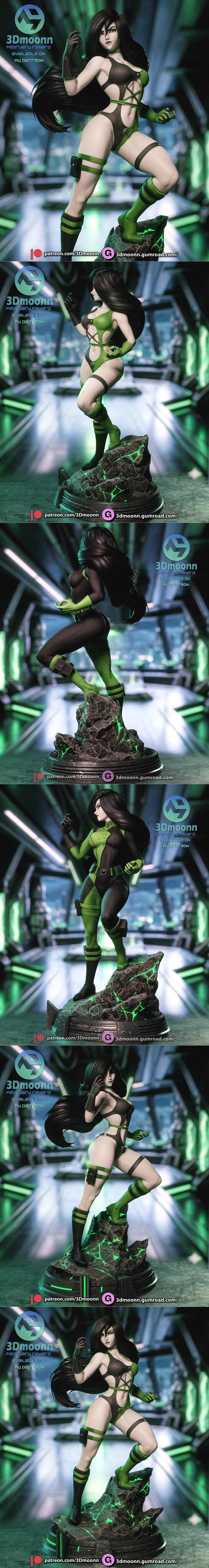 3D printable figure of Shego from Kim Possible, wearing a green and black suit, posed dynamically on a glowing green...