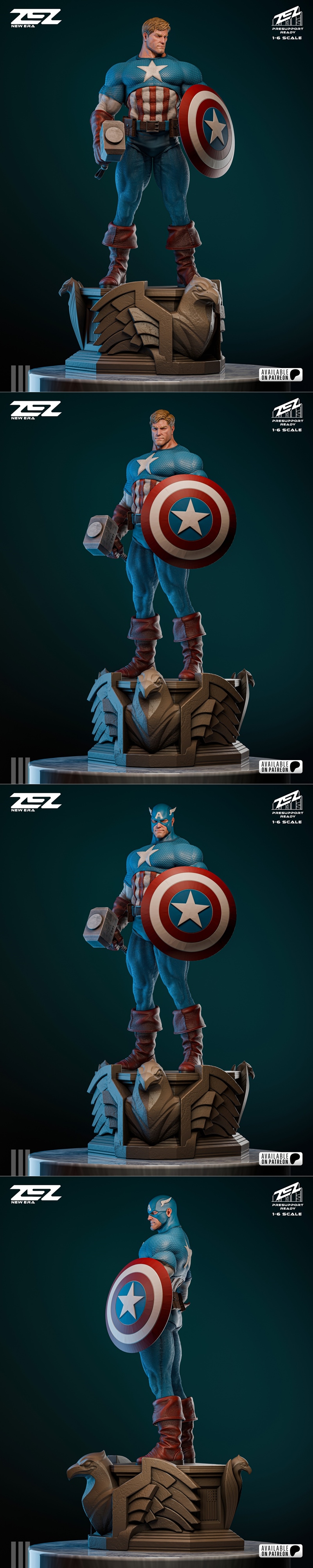 ZEZ Studio 1:6 scale 3D print model of Captain America holding his shield, standing on an ornate eagle-themed base.