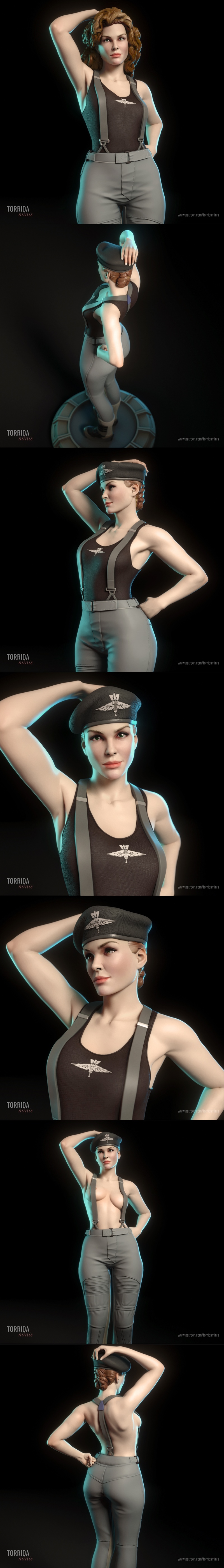 Dizzy Flores 3D model figure by Torrida Minis, wearing a black beret, tank top with suspenders, and tactical pants, s...