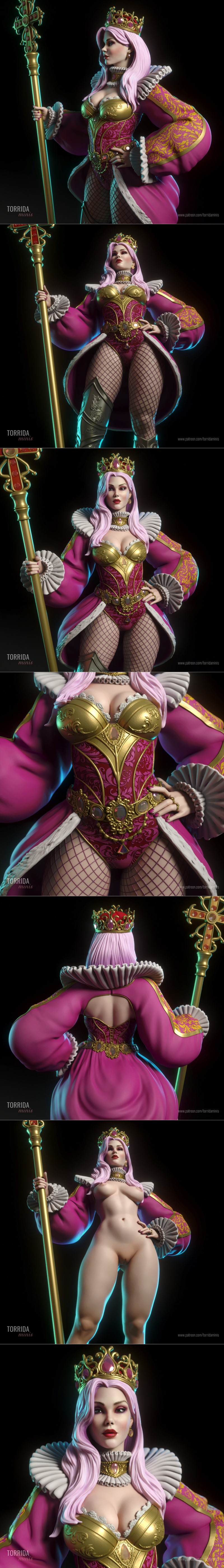 Queen Vanessa 3D model: regal female figure in gold bodice, pink leotard, fishnets, armor, crown, holding a staff.
