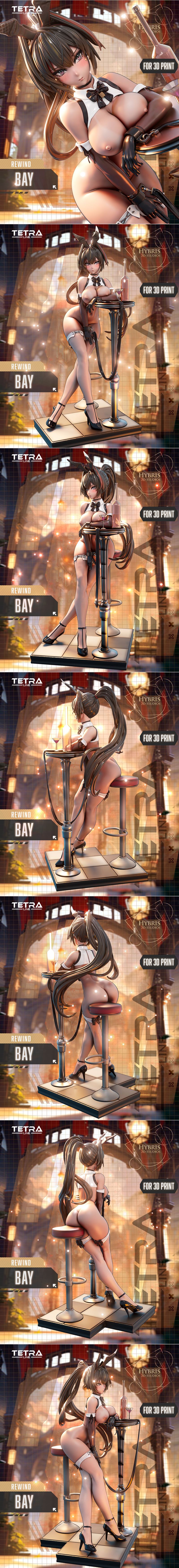 Hybris Studios 3D model of Bay from Nikke Goddess of Victory, wearing a bunny-girl outfit and leaning on a bar table...