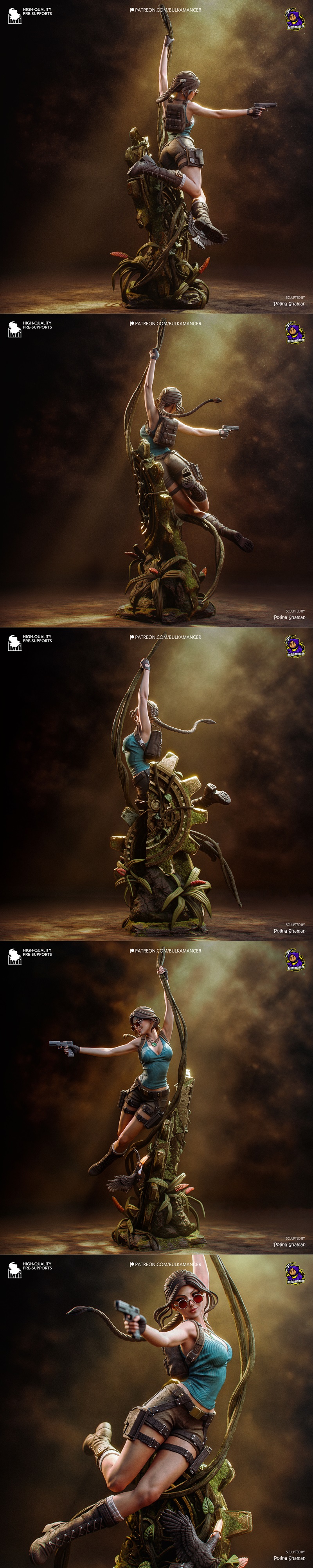 Lara Croft figure swinging on a vine, holding a pistol, wearing round sunglasses and adventurer outfit, jungle backgr...