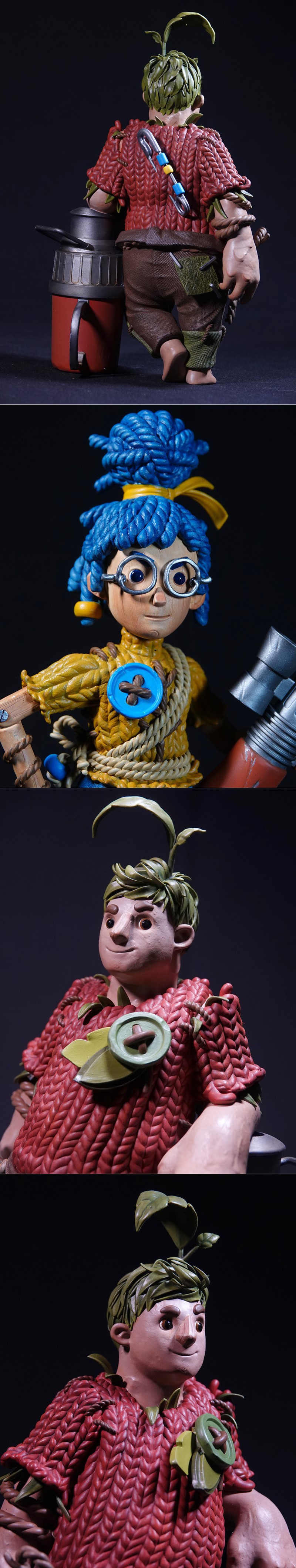 3D printed figures of Cody and May from It Takes Two, rendered in a claymation style. Cody wears a red knitted sweate...