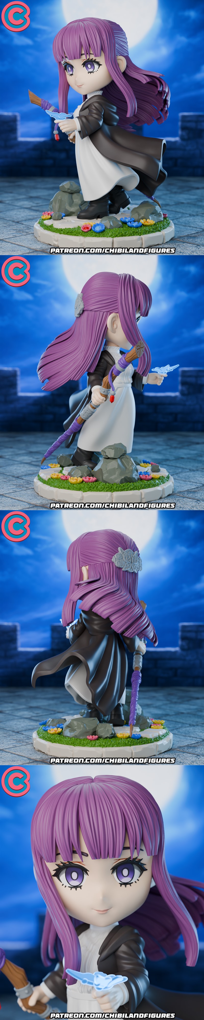 Chibi Fern figure from Frieren: Beyond Journey's End, holding a staff and a butterfly, standing on a floral base unde...