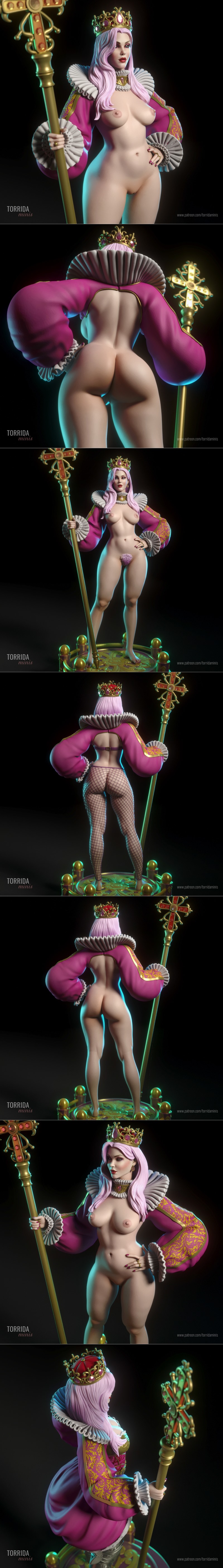 Queen Vanessa 3D model: regal female figure in gold bodice, pink leotard, fishnets, armor, crown, holding a staff.