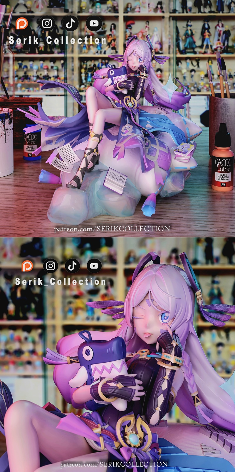 Serik Collection 3D model of Citlali sitting on a glowing fantasy base, holding a plush toy, with purple hair and orn...
