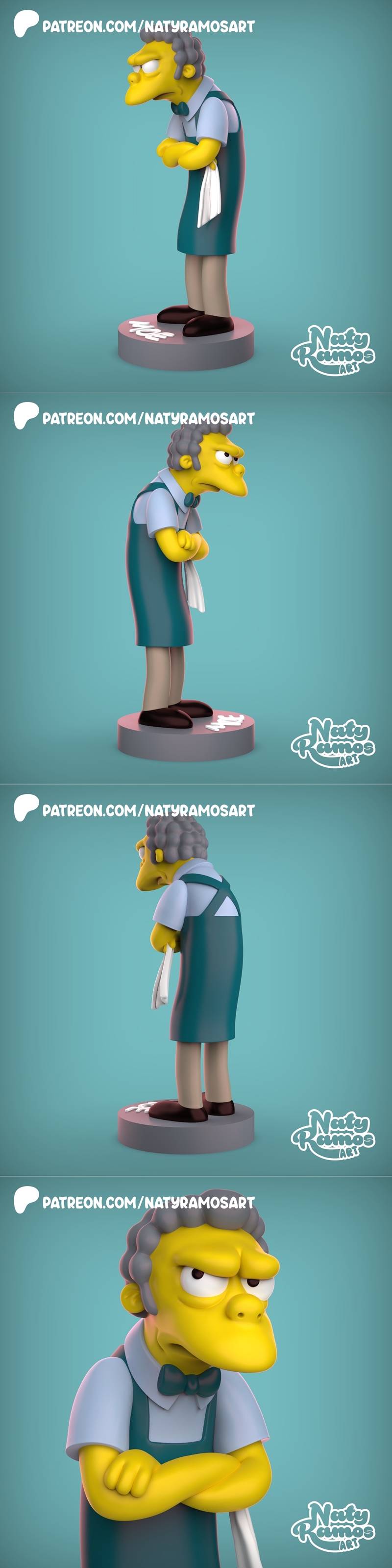 3D model of Moe Szyslak from The Simpsons, wearing an apron and crossed arms, with a towel tucked in his apron.