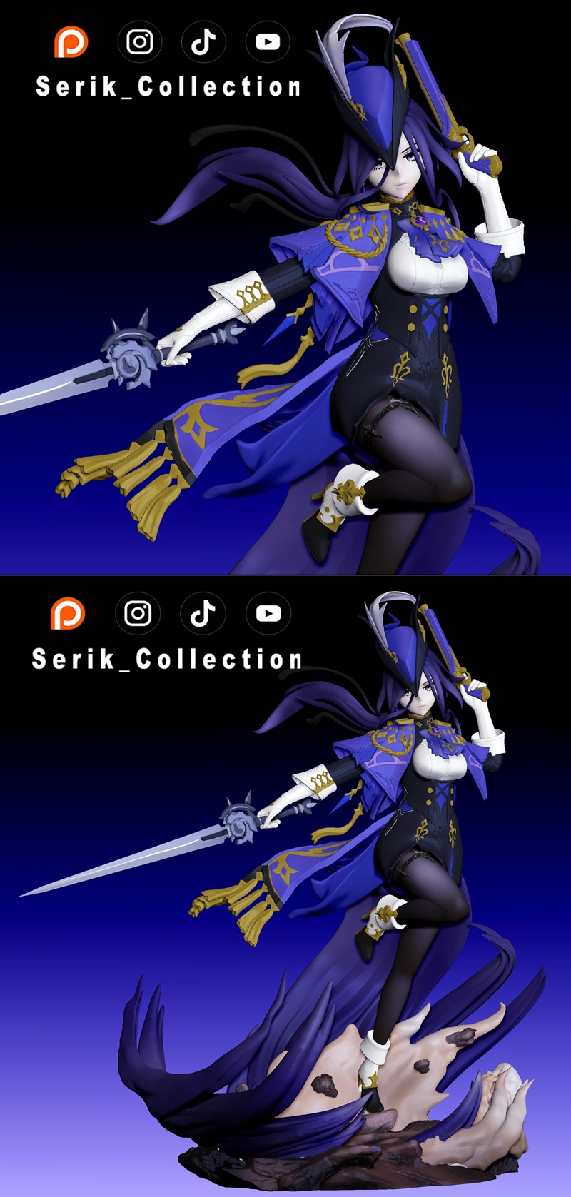 Clorinde from Genshin Impact in a dynamic pose, holding a sword and pistol, wearing a blue and black outfit with a ha...